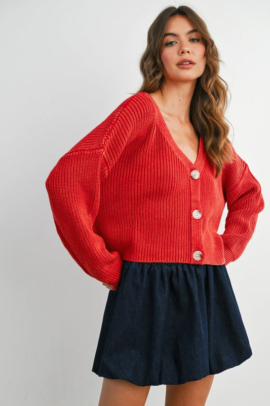 V Neck Buttoned Ribbed Long Sleeve Cardigan | Mineral Wash Red