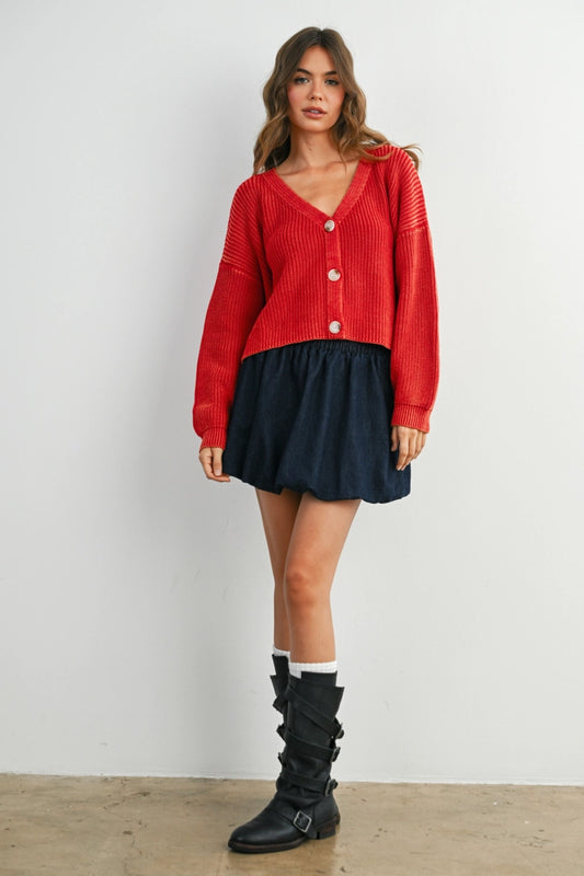 V Neck Buttoned Ribbed Long Sleeve Cardigan | Mineral Wash Red