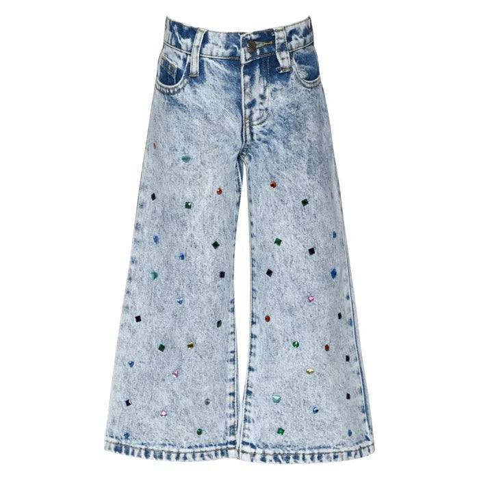 Acid Wash Denim Pants with Rhinestones