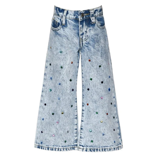 Acid Wash Denim Pants with Rhinestones
