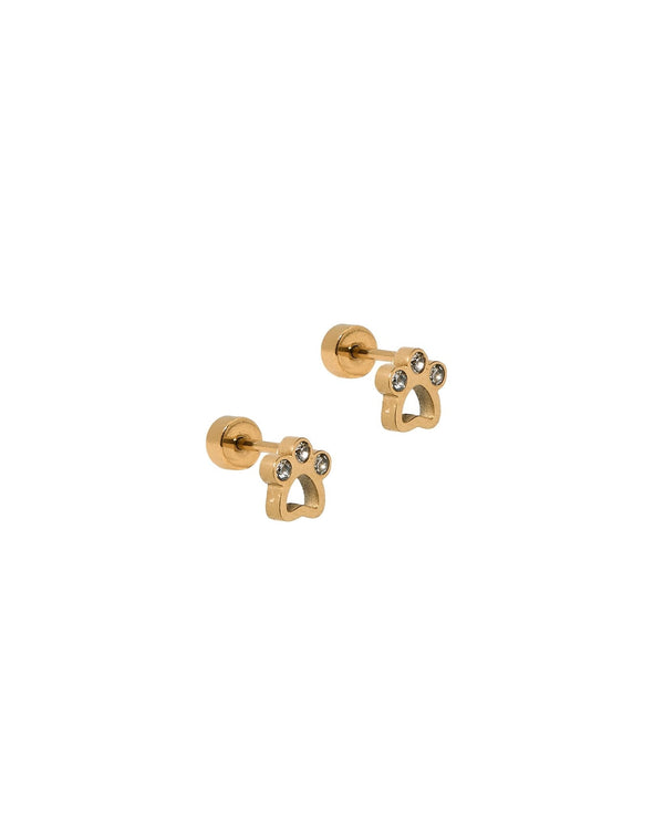 Screwback Stud Earrings - Paw Print CZ Gold