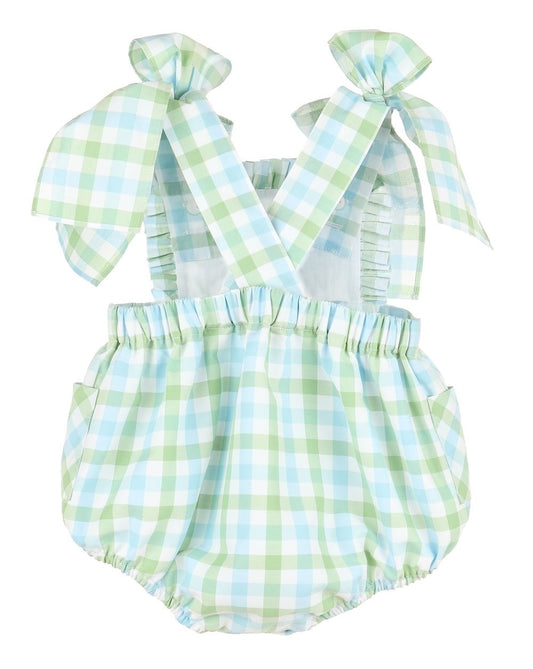 Blue & Green Plaid Tulip Bubble with Bow Shoulders