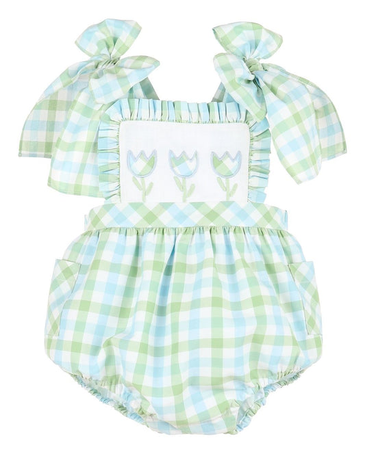 Blue & Green Plaid Tulip Bubble with Bow Shoulders