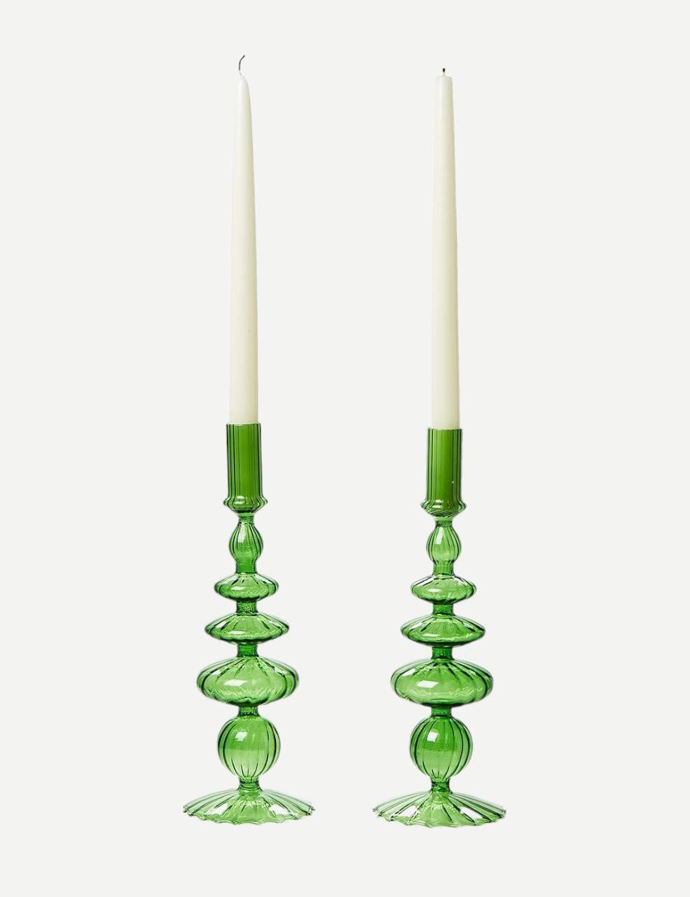 Set of 2 Hand-Blown Glass Candlesticks | Red or Green