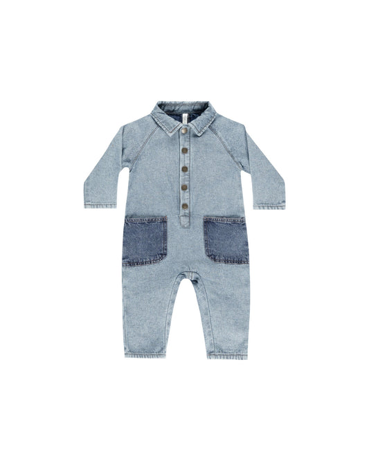 COLLARED BABY JUMPSUIT | LIGHT WASHED DENIM