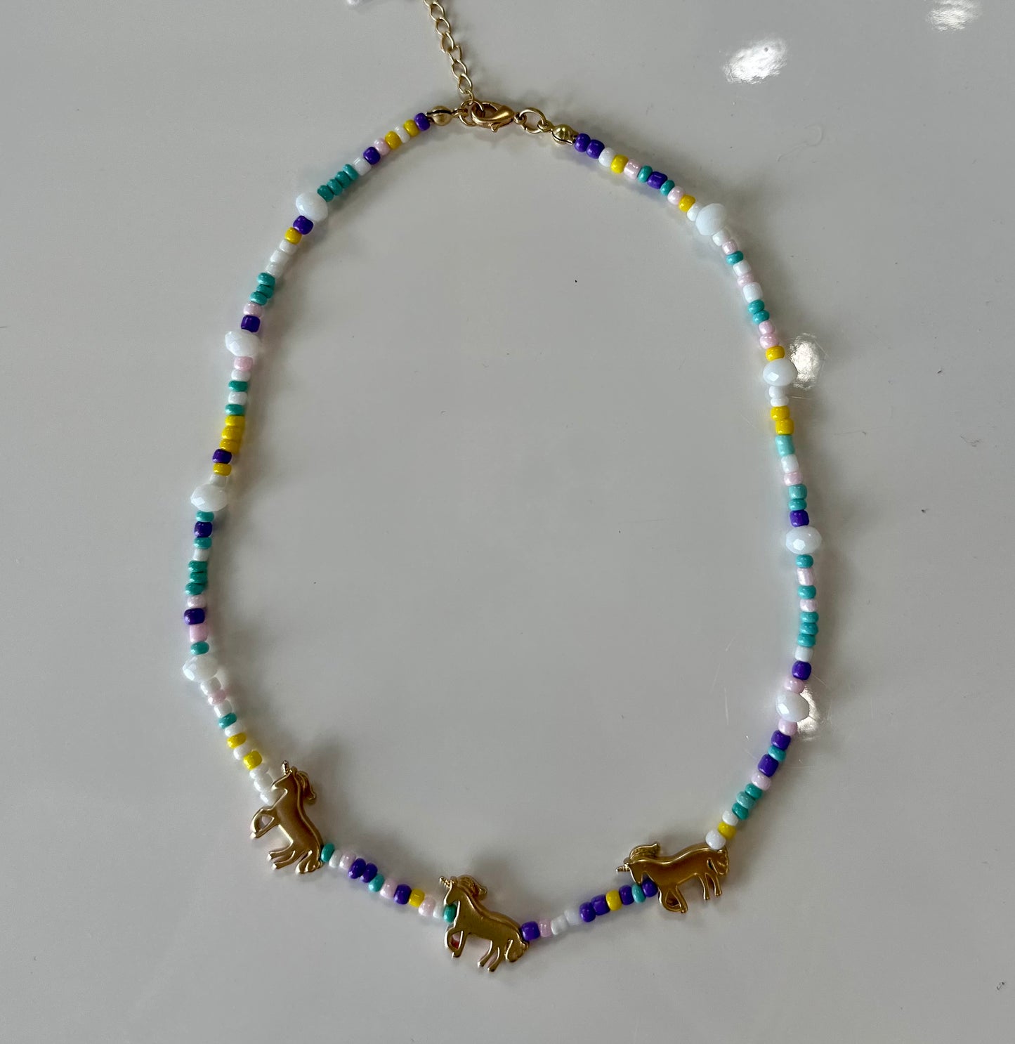 Kids 14” Yellow, Purple, Turquoise, White with Unicorn Necklace