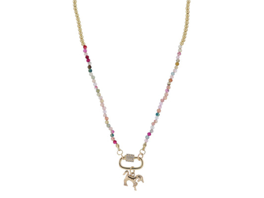 Kids Mini Gold Ball and Multi Stone Faceted Beaded With Gold Carabiner and Gold Unicorn Necklace