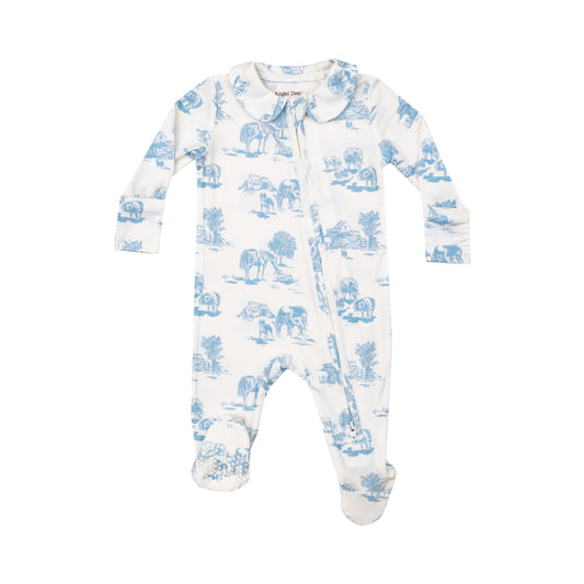 Peter Pan Collar 2 Way Zipper Footie | Farm Toile Blue