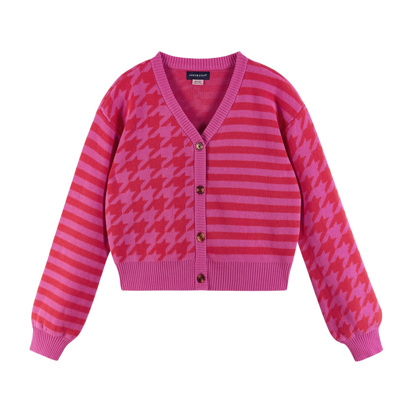 Pink/Red Houndstooth/Stripe Cropped Cardigan