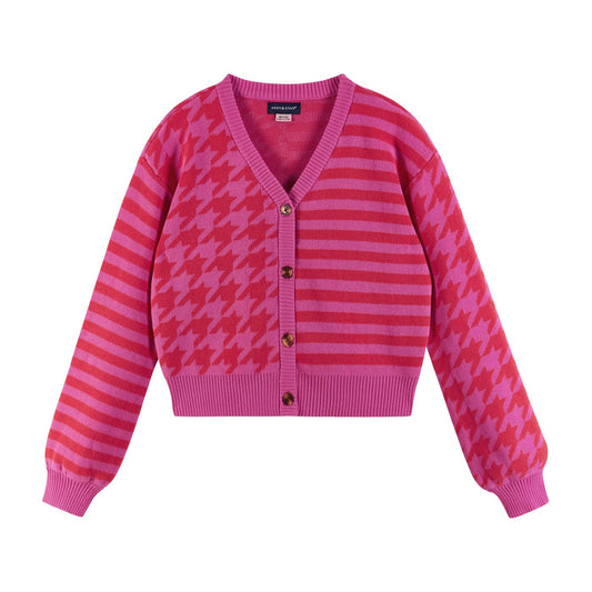 Pink/Red Houndstooth/Stripe Cropped Cardigan