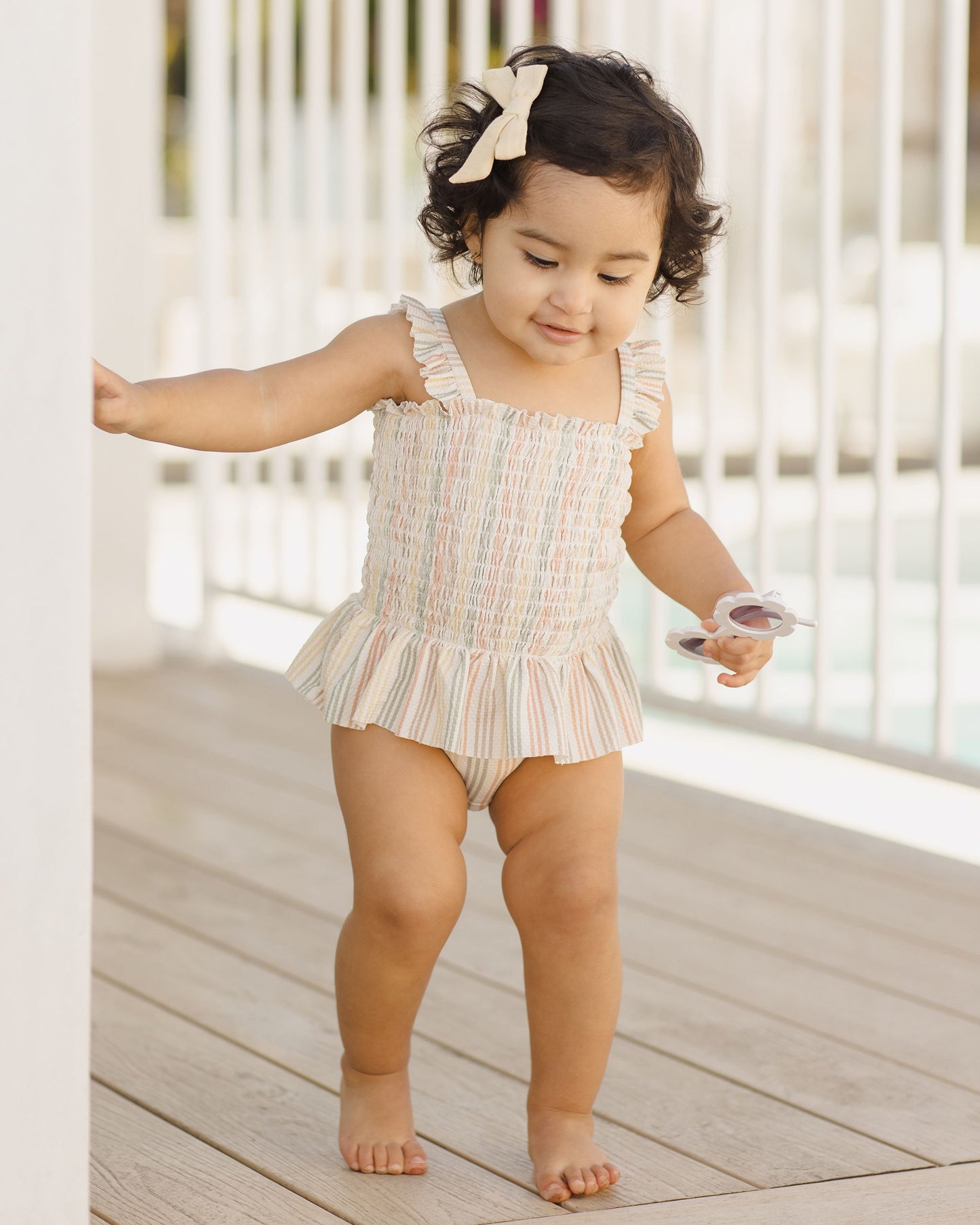 SMOCKED ONE-PIECE SWIMSUIT || MULTI STRIPE