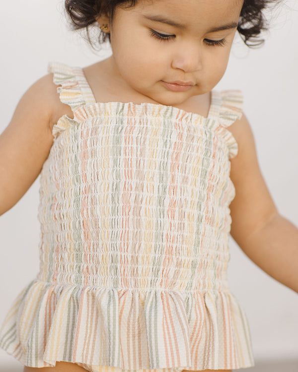 SMOCKED ONE-PIECE SWIMSUIT || MULTI STRIPE