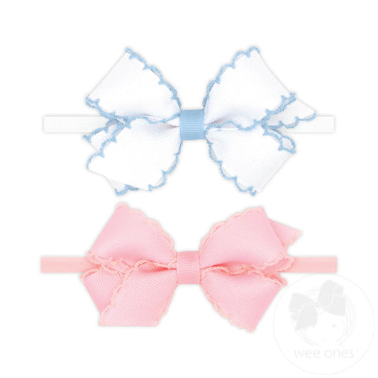 Mini Moonstitch Grosgrain Bow on Skinny Nylon Band - 2 Pack! (Blue/Pink)
