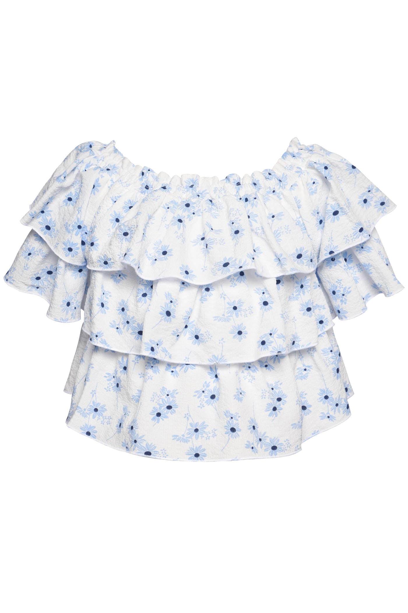 Floral Printed Tiered Top, White with Blue Flowers