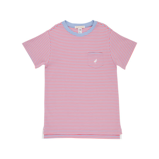 Carter Crewneck - Beale Street Blue & Parrot Cay Coral Stripe with Worth Avenue White Stork