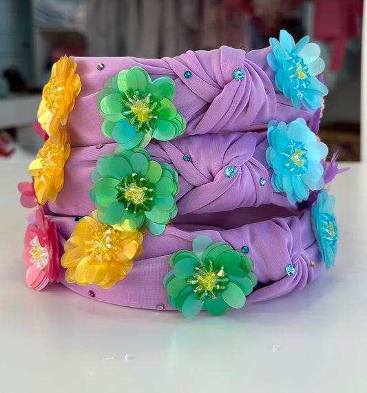 3D Flower Sequin Knot Headband, Lavender