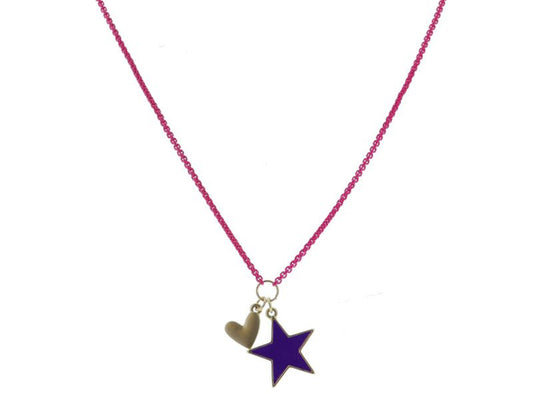 Hot Pink Box Chain, Gold Heart, Purple Enamel Star Necklace