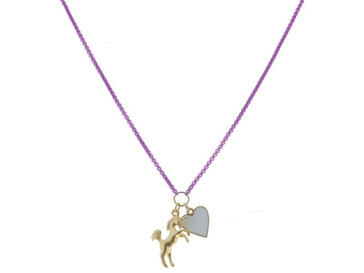 Lavender Box Chain, Gold Unicorn, White Enamel Heart Necklace