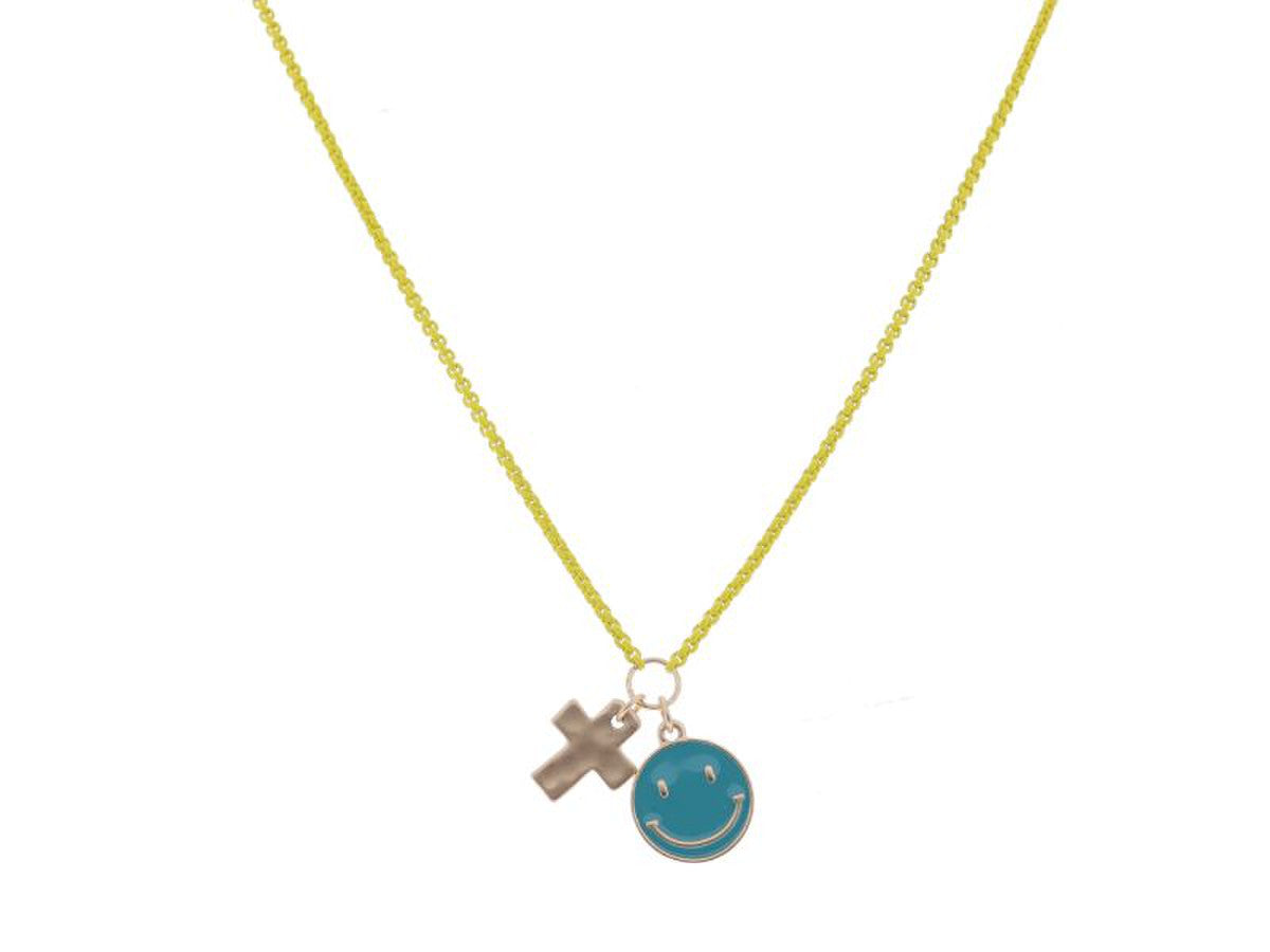 Teal Box Chain, Gold Happy Face, Yellow Enamel Lightning Bolt Necklace
