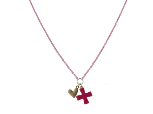 Light Pink Box Chain, Gold Heart, Hot Pink Enamel Square Cross Necklace