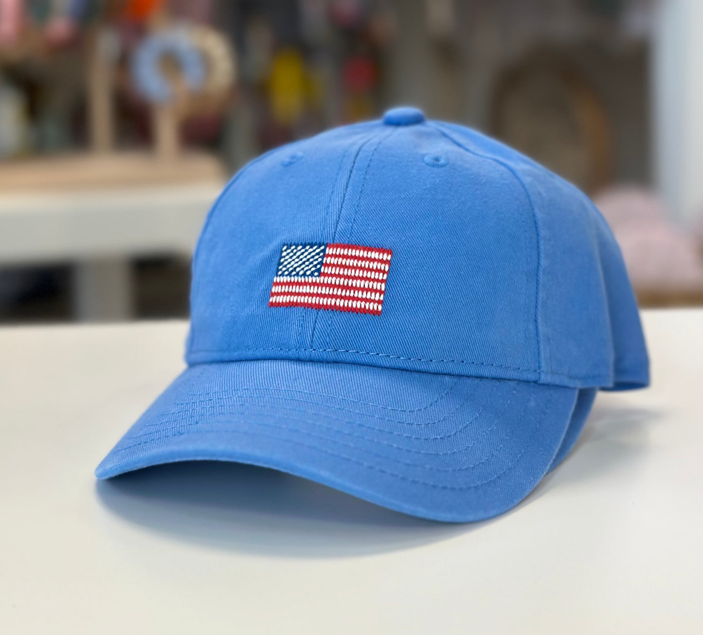 American Flag Needlepoint Baseball Cap, Light Blue