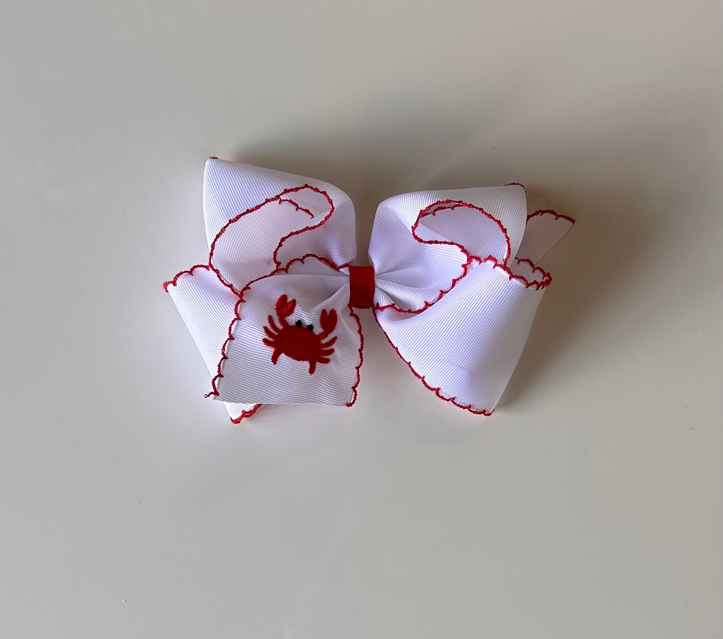 Crab King Moonstitch Bow-White with Red Stitching